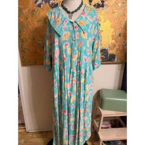 Vintage We-Be-Bop Turquoise Floral Plus Size Midi Beaded Dress 1X